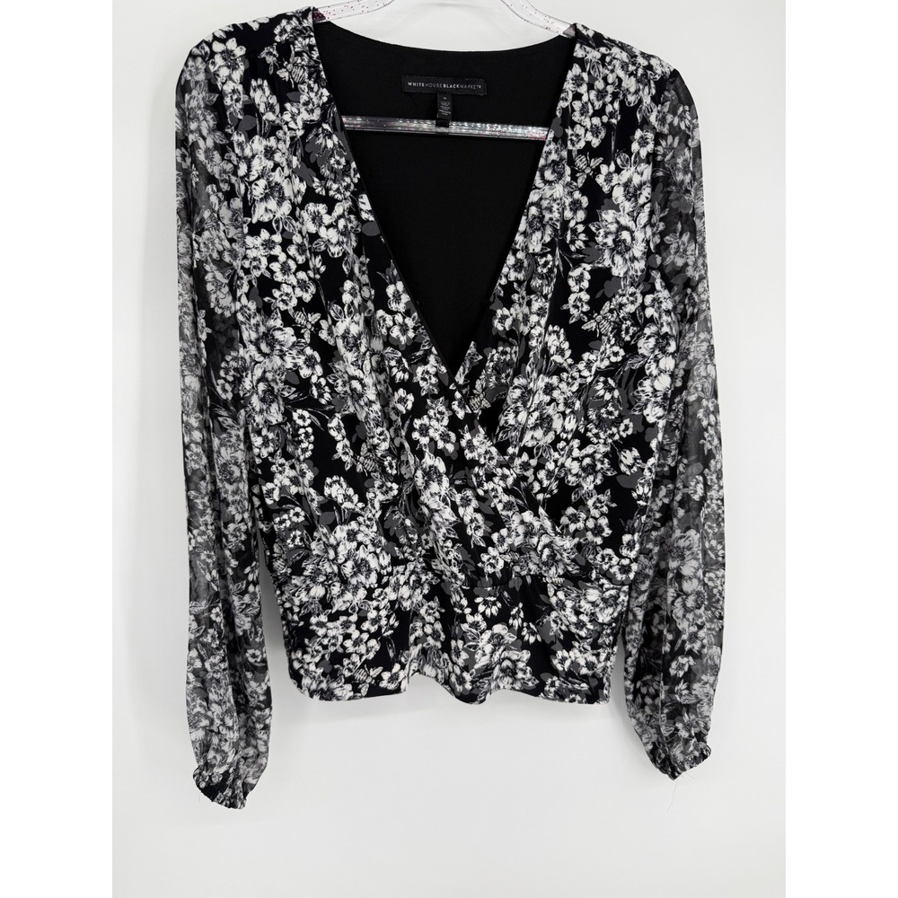 White‎ House Black Market Womens Black White Floral Surplice Wrap Top Sz S